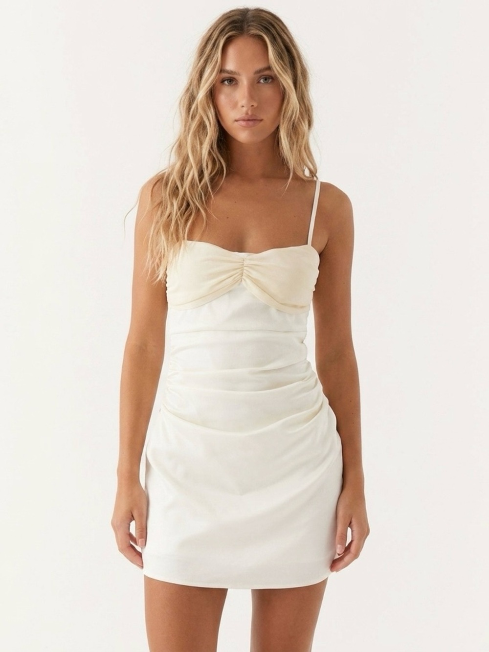 Peppermayo Last Summer Mini Dress Ivory Satin Ruched Party NWT Large 8 Grad